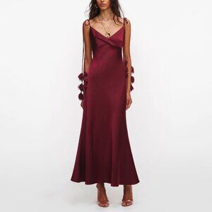 SELF-PORTRAIT satin flower midi dress — bordeaux